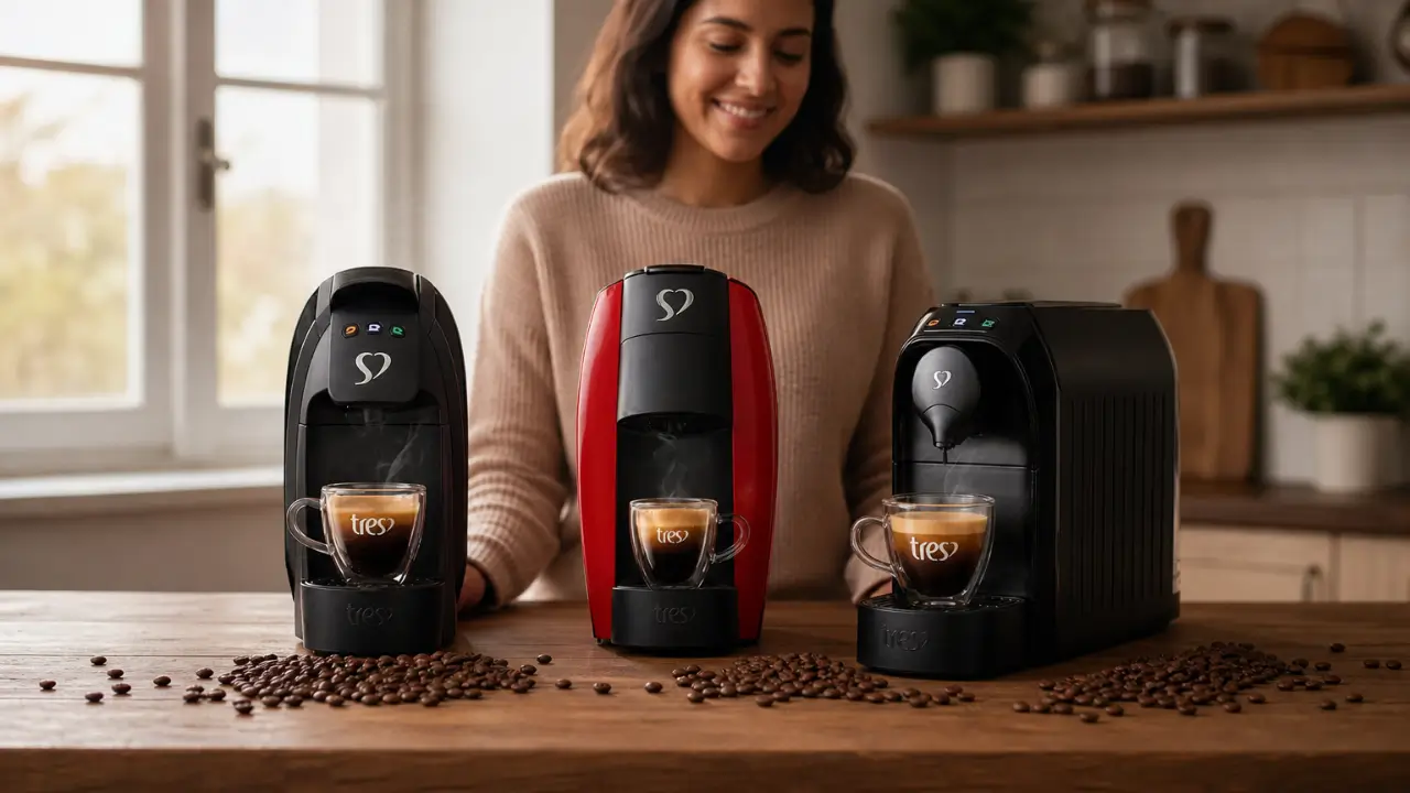 Linha completa de cafeteiras 3 Corações TRES em bancada de cozinha.