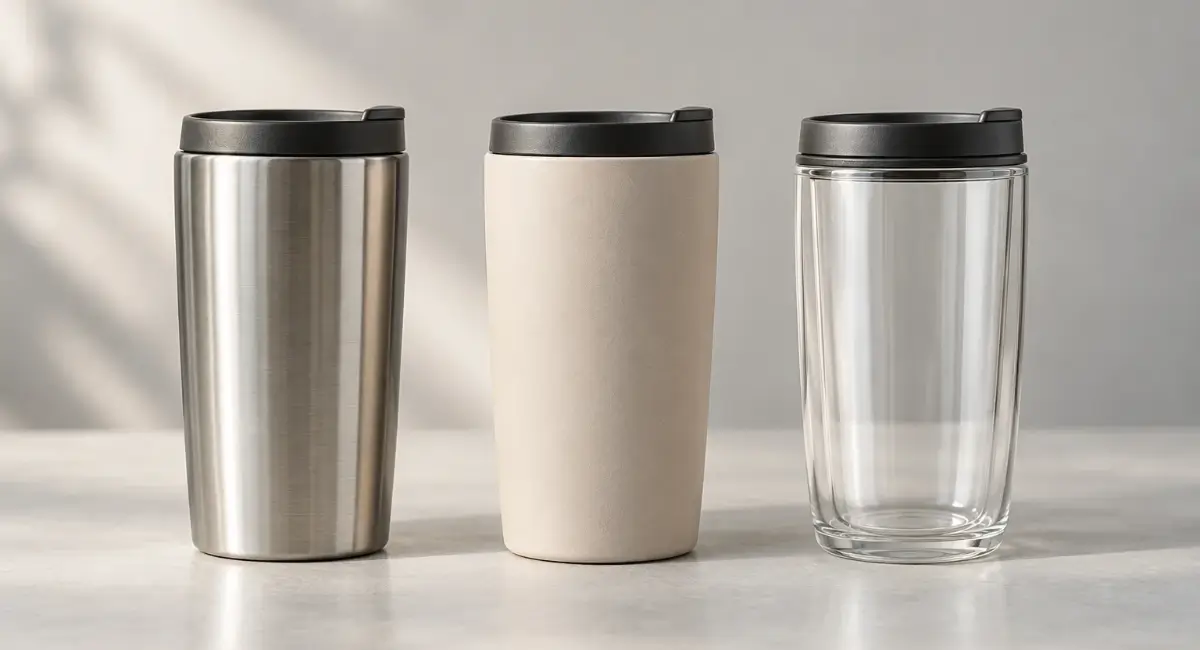 Três canecas lado a lado mostrando opções em inox, cerâmica e vidro