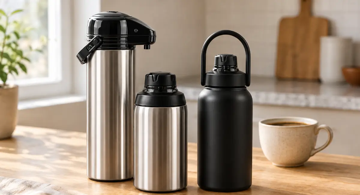 bancada de cozinha com três modelos de garrafas térmicas em vários tamanhos e uma xícara de café ao lado