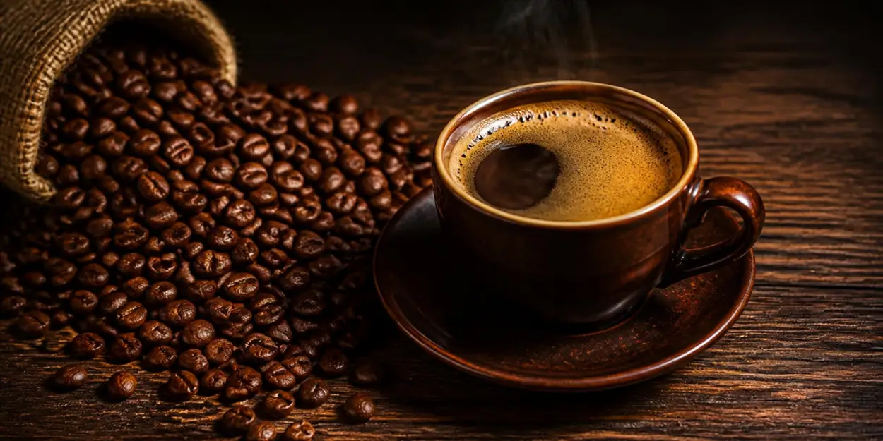 Xícara de café ao lado de grãos de café espalhados sobre uma mesa de madeira
