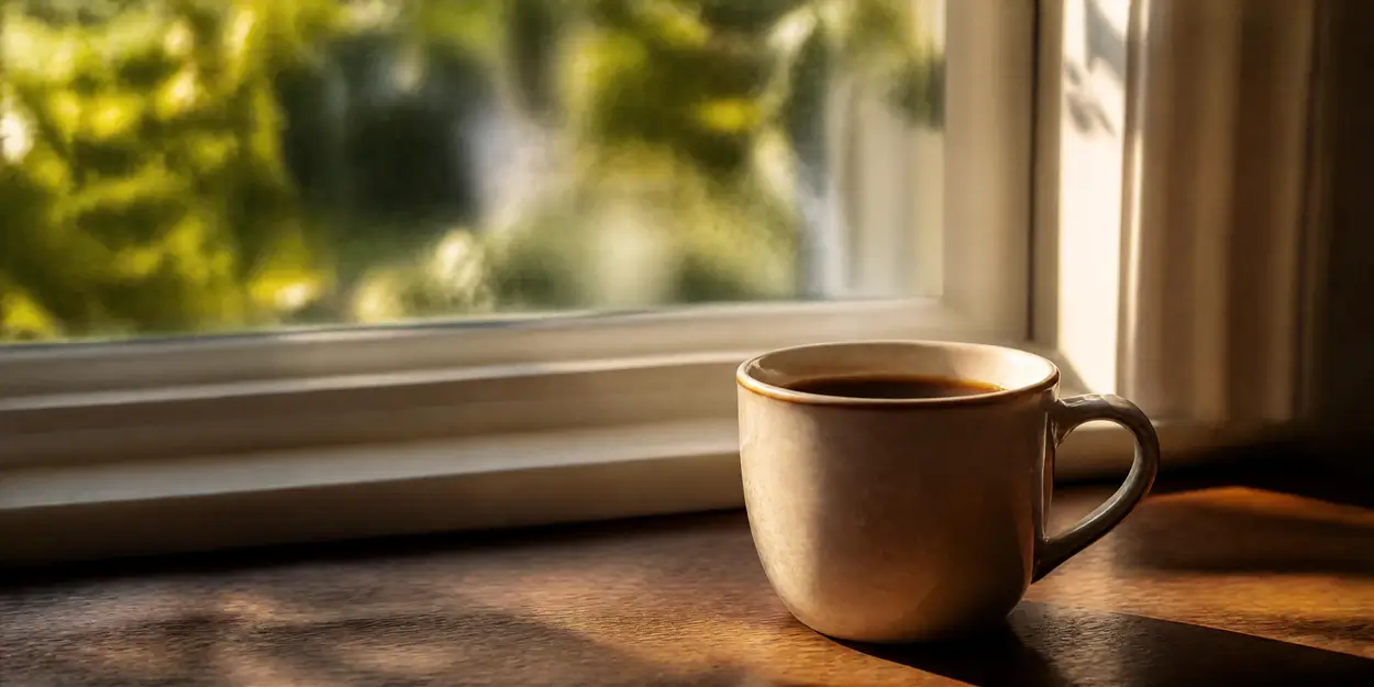 Xícara de café preto sobre o parapeito de uma janela à luz da manhã