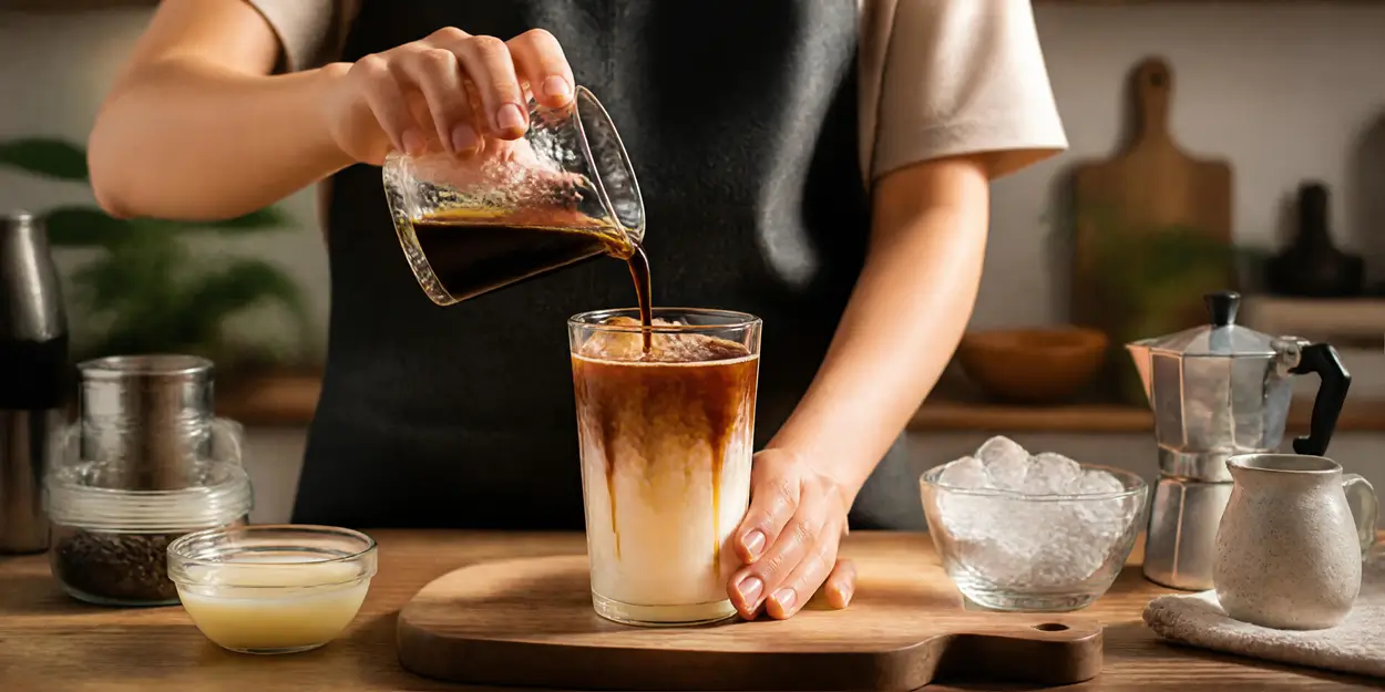 Pessoa despejando café em um copo com leite condensado e gelo para preparar café gelado