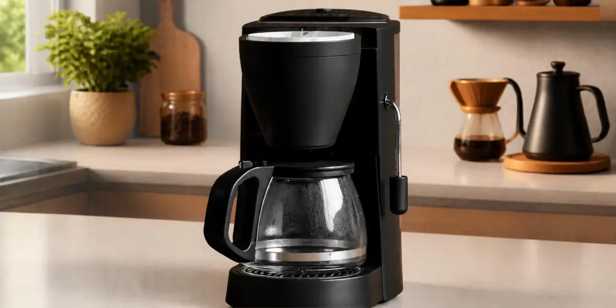 Cafeteira elétrica de filtro com jarra de vidro sobre a bancada da cozinha