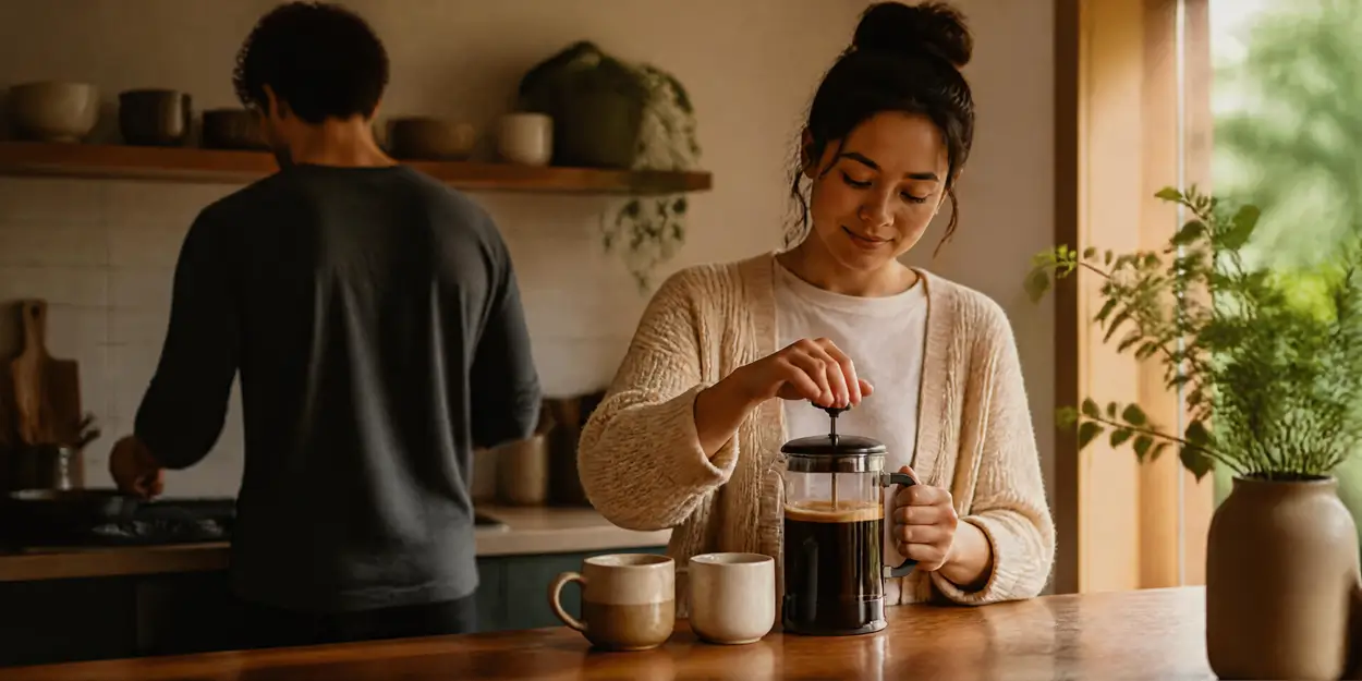 Mulher pressionando o êmbolo de uma prensa francesa com café pronto, ao lado de duas canecas na cozinha