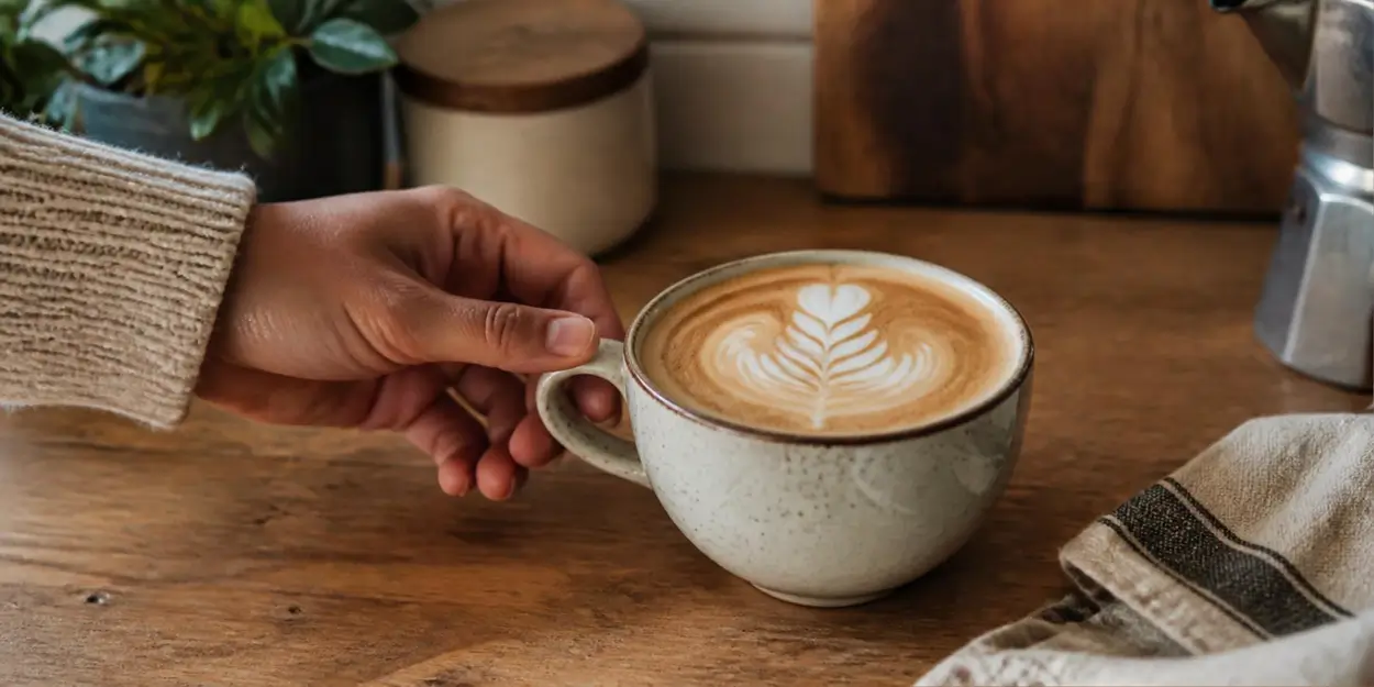 Mão segurando uma xícara de cappuccino com desenho de espuma de leite sobre uma bancada de madeira
