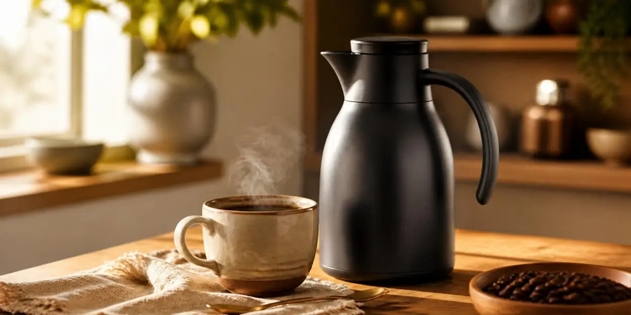 Garrafa térmica preta ao lado de uma xícara de café fumegante sobre a mesa