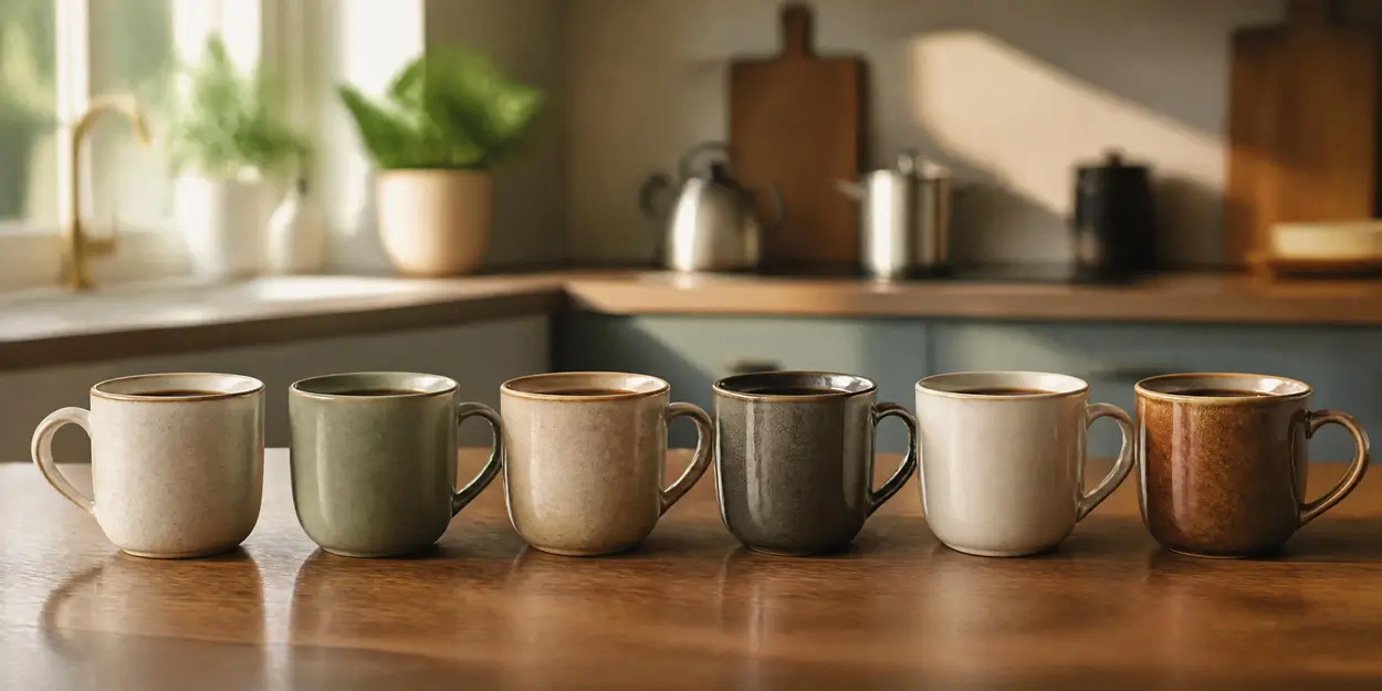 Seis canecas de cerâmica com café enfileiradas sobre uma mesa de madeira
