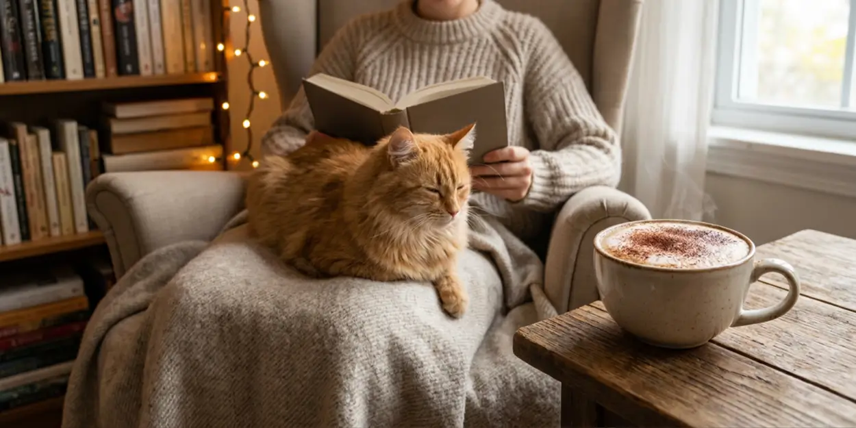 Xícara de cappuccino com cacau em pó ao lado de uma poltrona onde uma pessoa lê com um gato no colo